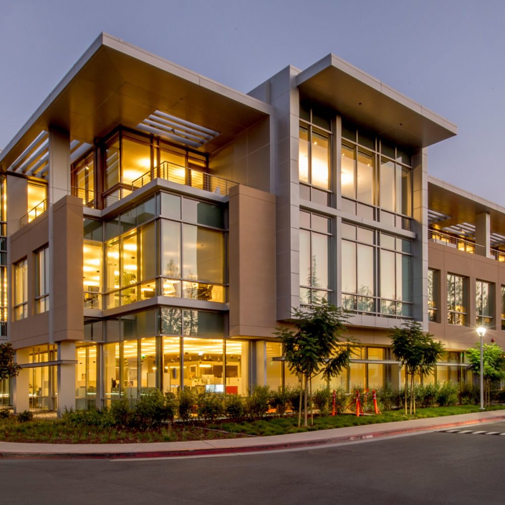 Office building with warm interior lighting
